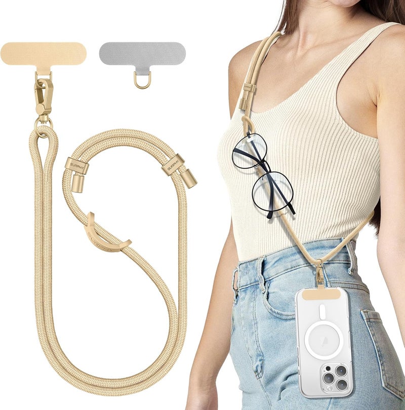 SURPHY Phone Lanyard, Adjustable Phone Strap Crossbody with 2 Pack Cell Phone Tether Tab, Premium Metal Buckles, Skin-Friendly, Universal Cell Phone Lanyard Crossbody for Women and Men, Khaki - Image 1